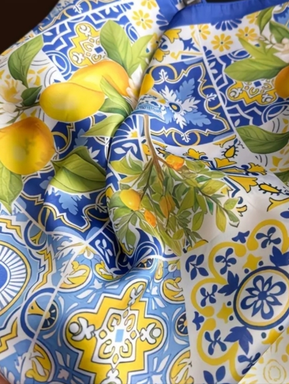 Blue & Yellow Lemon Tile Silk Scarf - Picture 2 of 4